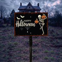 Happy Halloween Yard Sign with 16" Stake, Rust-Free Aluminum Skeleton Pumpkin Lawn Sign, Outdoor Spooky Halloween Garden Decoration