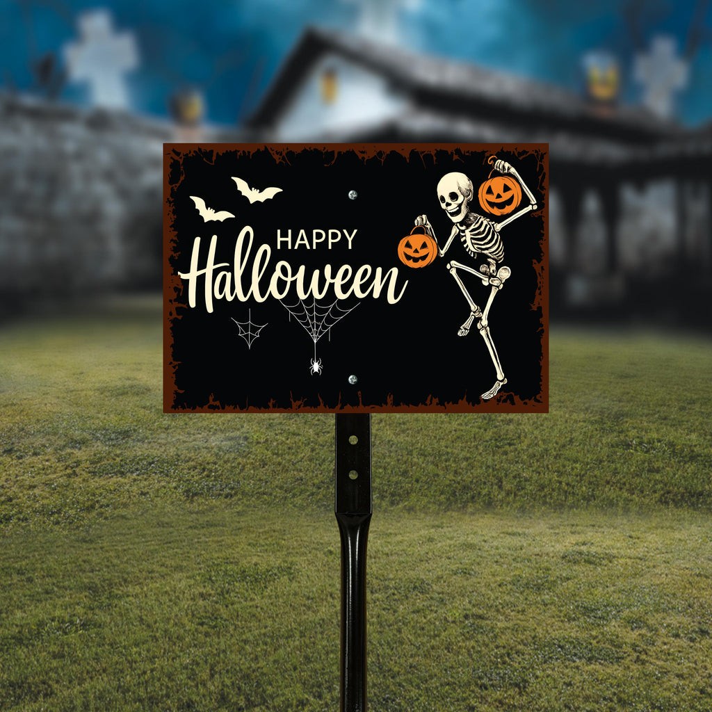 Happy Halloween Yard Sign with 16" Stake, Rust-Free Aluminum Skeleton Pumpkin Lawn Sign, Outdoor Spooky Halloween Garden Decoration