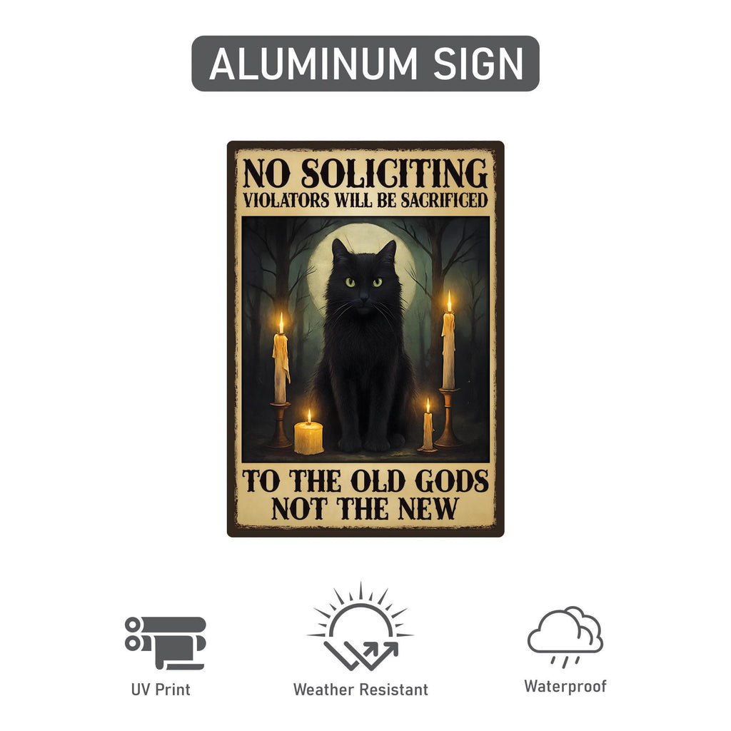 Gothic Black Cat No Soliciting Halloween Yard Sign with 16" Stake, Rust-Free Aluminum Spooky Witchy Garden Decor, Outdoor Haunted House Sign