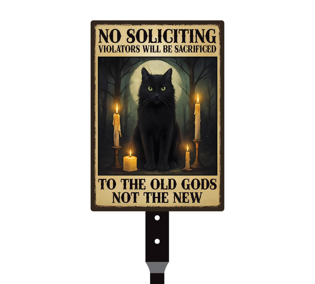 Gothic Black Cat No Soliciting Halloween Yard Sign with 16" Stake, Rust-Free Aluminum Spooky Witchy Garden Decor, Outdoor Haunted House Sign