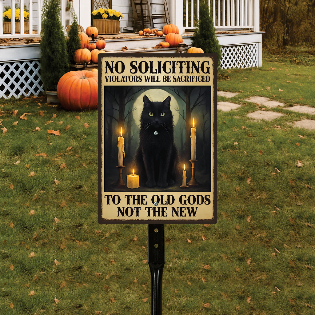 Gothic Black Cat No Soliciting Halloween Yard Sign with 16" Stake, Rust-Free Aluminum Spooky Witchy Garden Decor, Outdoor Haunted House Sign