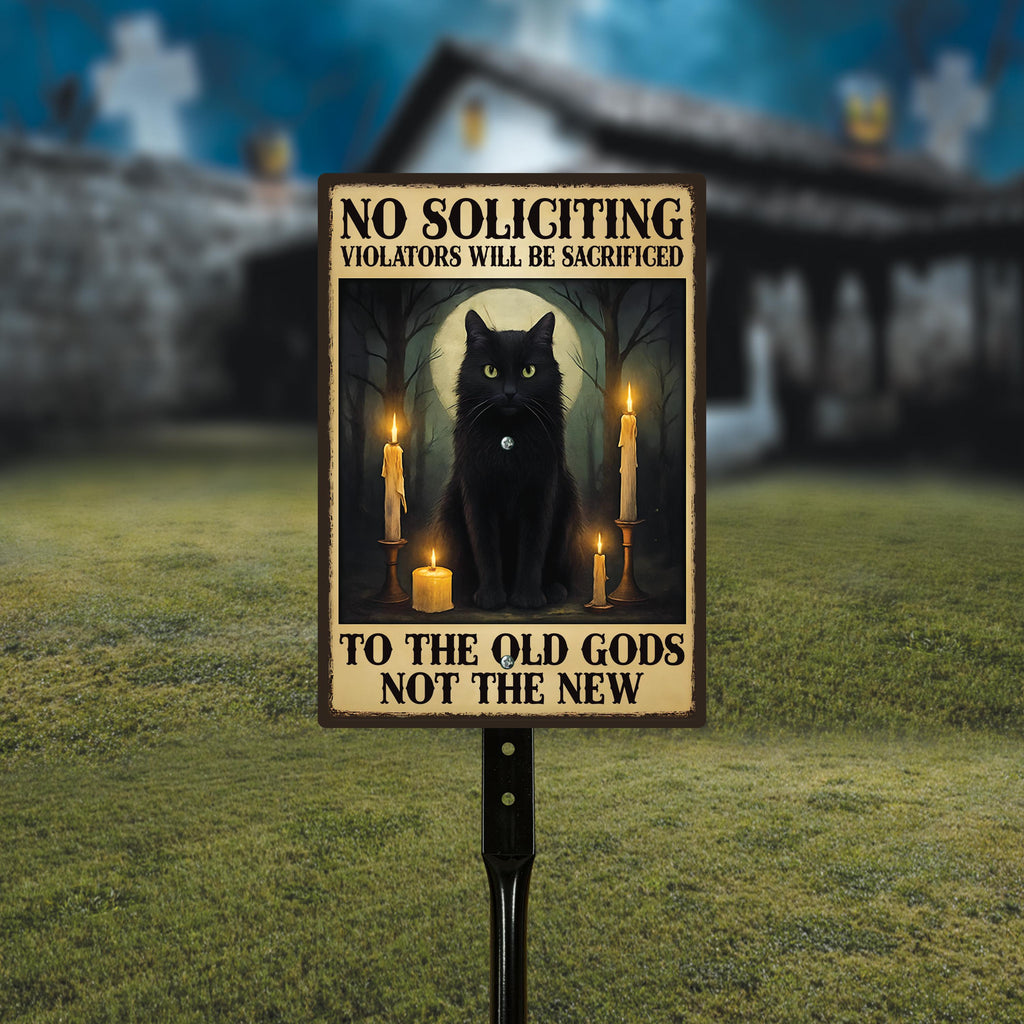 Gothic Black Cat No Soliciting Halloween Yard Sign with 16" Stake, Rust-Free Aluminum Spooky Witchy Garden Decor, Outdoor Haunted House Sign