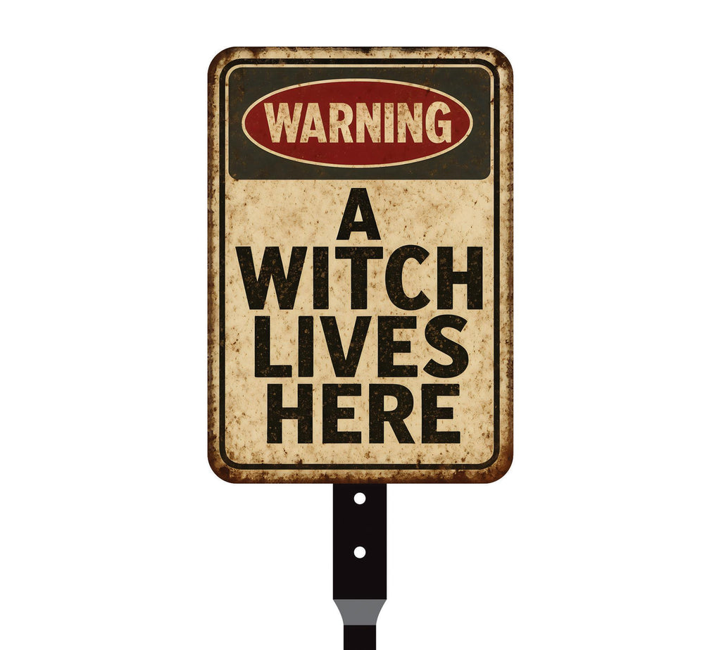 Warning A Witch Lives Here Halloween Yard Sign with 16" Stake, Rust-Free Aluminum Haunted House Decoration, Outdoor Witch Party Garden Sign