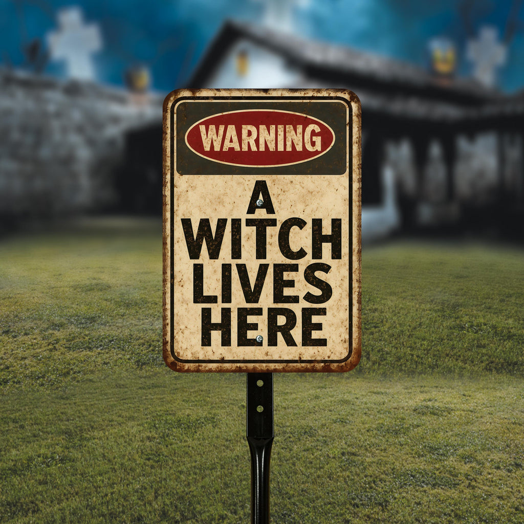 Warning A Witch Lives Here Halloween Yard Sign with 16" Stake, Rust-Free Aluminum Haunted House Decoration, Outdoor Witch Party Garden Sign