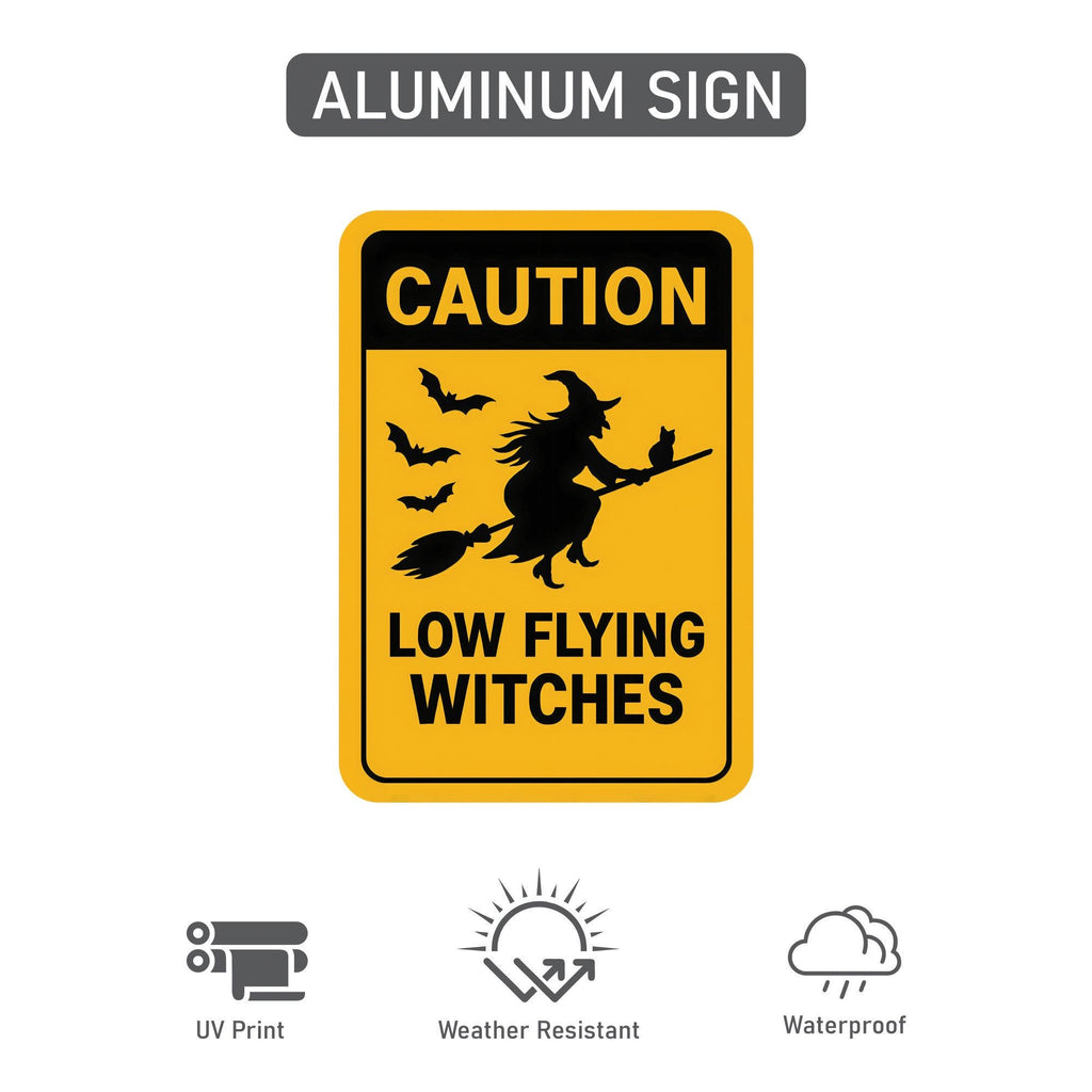 Caution Low Flying Witches Halloween Yard Sign with 16" Stake, Rust-Free Aluminum Witch Broom Garden Decoration, Outdoor Spooky Party Sign