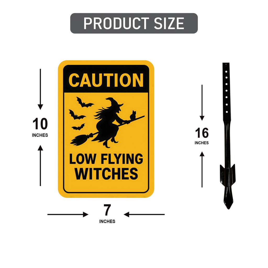 Caution Low Flying Witches Halloween Yard Sign with 16" Stake, Rust-Free Aluminum Witch Broom Garden Decoration, Outdoor Spooky Party Sign