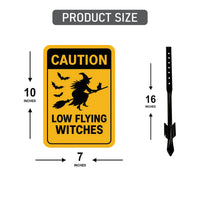 Caution Low Flying Witches Halloween Yard Sign with 16" Stake, Rust-Free Aluminum Witch Broom Garden Decoration, Outdoor Spooky Party Sign