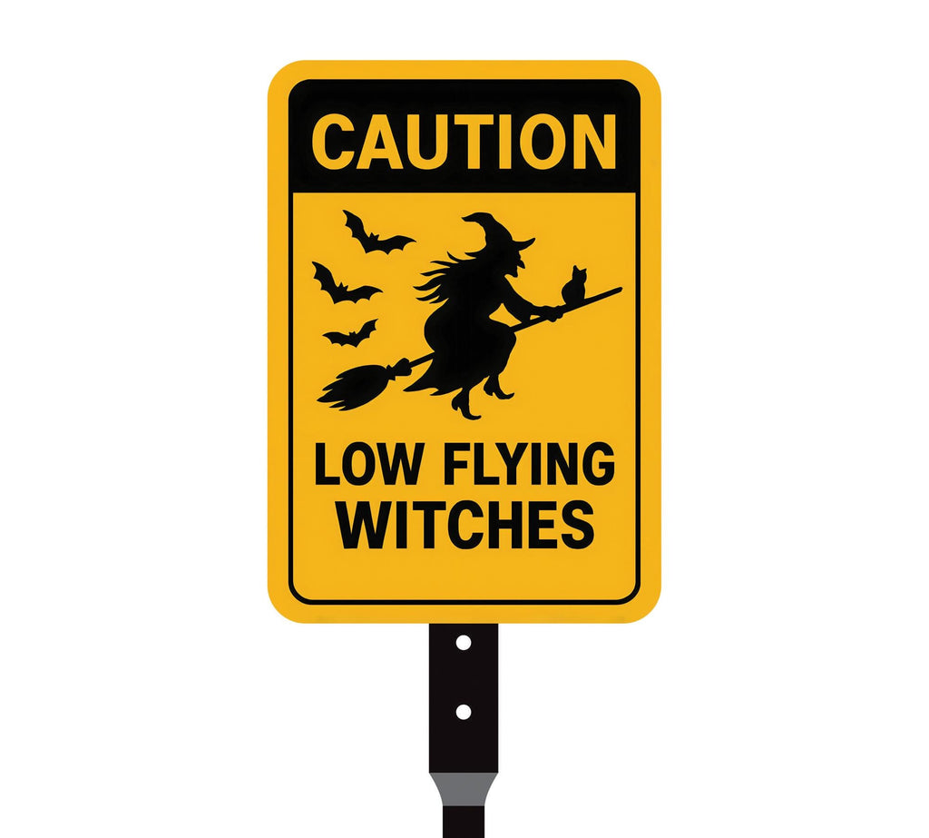 Caution Low Flying Witches Halloween Yard Sign with 16" Stake, Rust-Free Aluminum Witch Broom Garden Decoration, Outdoor Spooky Party Sign