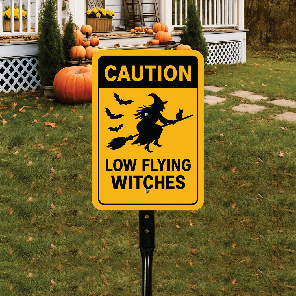 Caution Low Flying Witches Halloween Yard Sign with 16" Stake, Rust-Free Aluminum Witch Broom Garden Decoration, Outdoor Spooky Party Sign