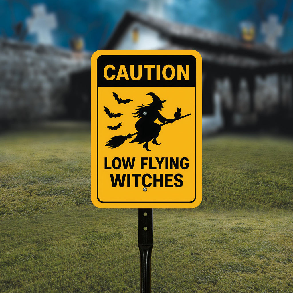 Caution Low Flying Witches Halloween Yard Sign with 16" Stake, Rust-Free Aluminum Witch Broom Garden Decoration, Outdoor Spooky Party Sign