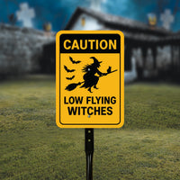 Caution Low Flying Witches Halloween Yard Sign with 16" Stake, Rust-Free Aluminum Witch Broom Garden Decoration, Outdoor Spooky Party Sign