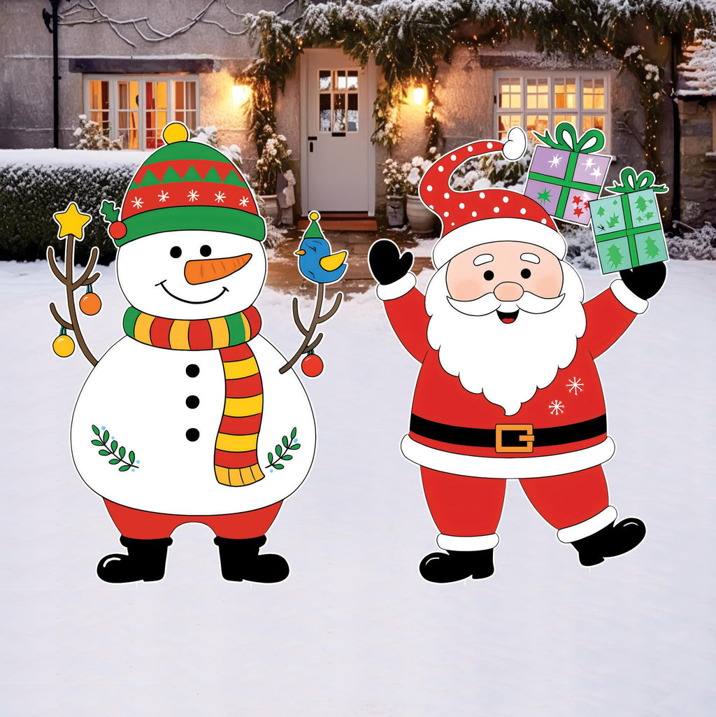 Christmas Yard Signs with Stakes, Santa Claus & Snowman Outdoor Decorations, Winter Holiday Lawn Patio Garden Decor for Christmas Party