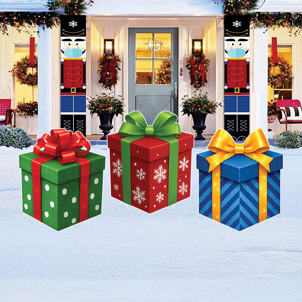 Christmas Gift Boxes Yard Signs, Outdoor Xmas Stakes, Holiday Garden Lawn Pathway Decor, Winter Christmas Party Decorations with Stakes