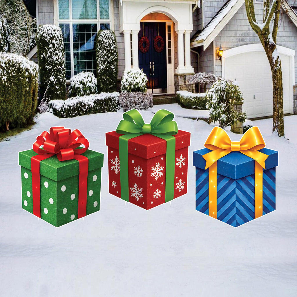 Christmas Gift Boxes Yard Signs, Outdoor Xmas Stakes, Holiday Garden Lawn Pathway Decor, Winter Christmas Party Decorations with Stakes