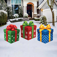 Christmas Gift Boxes Yard Signs, Outdoor Xmas Stakes, Holiday Garden Lawn Pathway Decor, Winter Christmas Party Decorations with Stakes