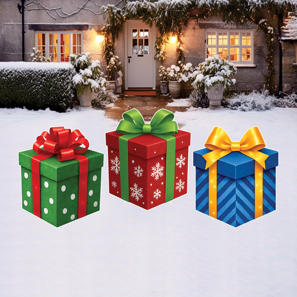 Christmas Gift Boxes Yard Signs, Outdoor Xmas Stakes, Holiday Garden Lawn Pathway Decor, Winter Christmas Party Decorations with Stakes