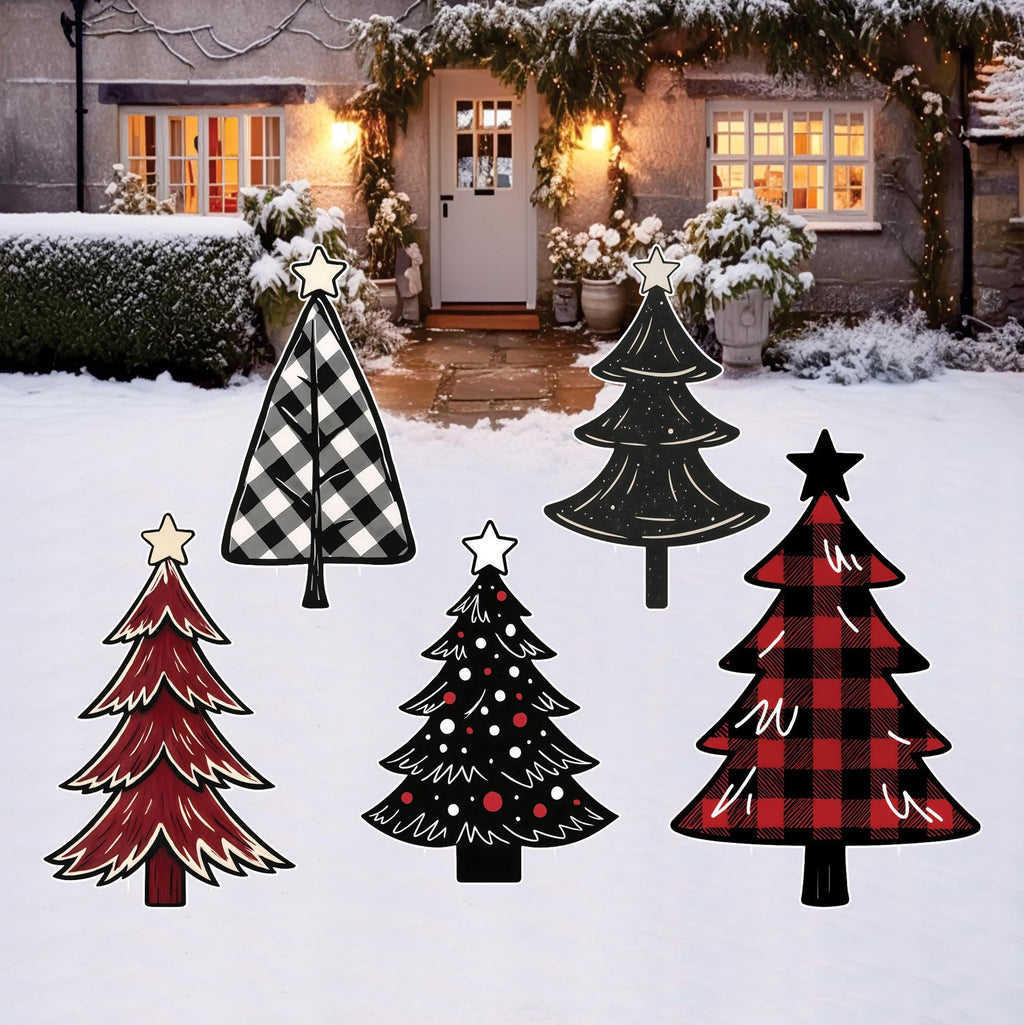 Christmas Tree Yard Signs, Outdoor Lawn Xmas Decorations with Stakes, Winter Holiday Porch Garden Walkway Party Decor, 5 Pcs Tree Set