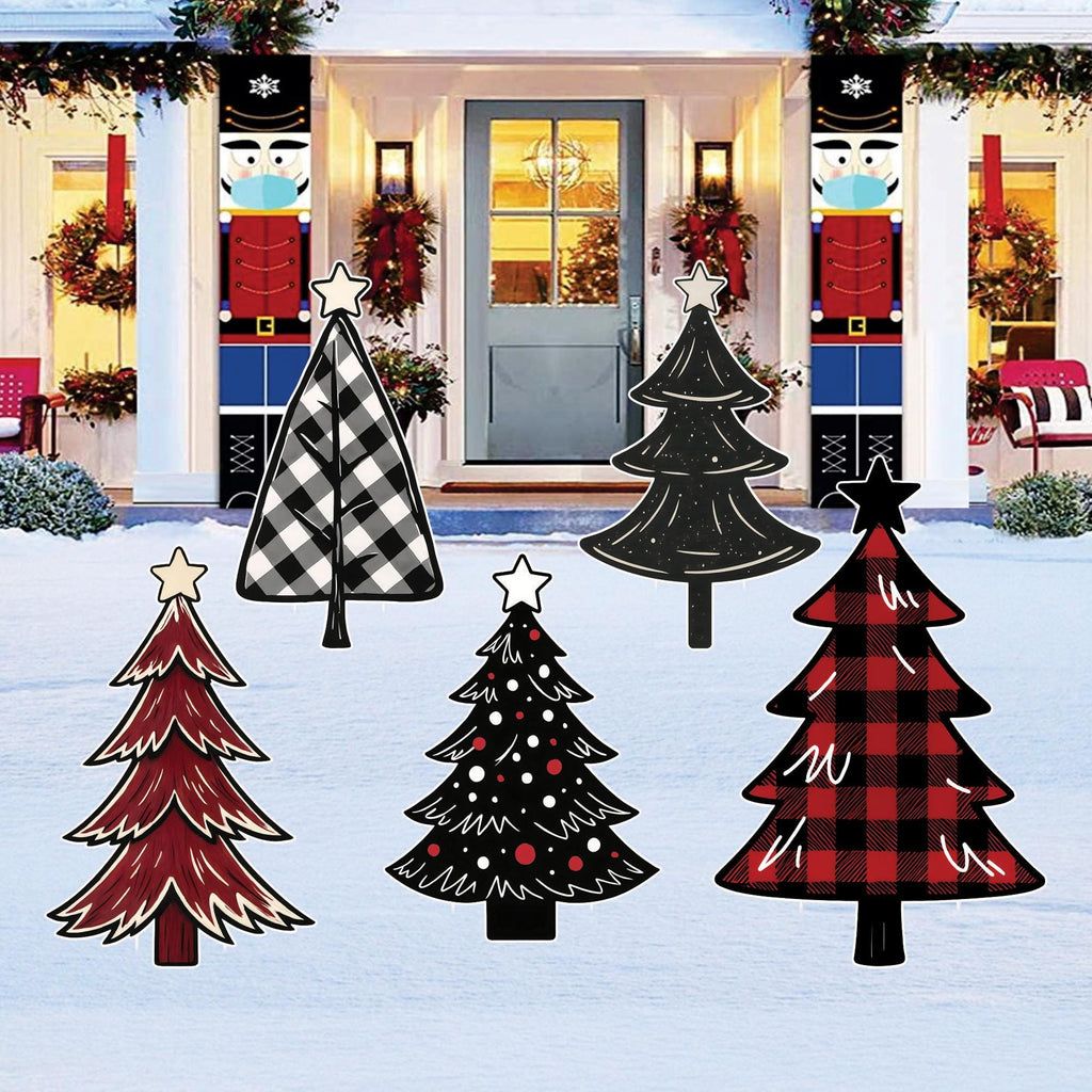 Christmas Tree Yard Signs, Outdoor Lawn Xmas Decorations with Stakes, Winter Holiday Porch Garden Walkway Party Decor, 5 Pcs Tree Set