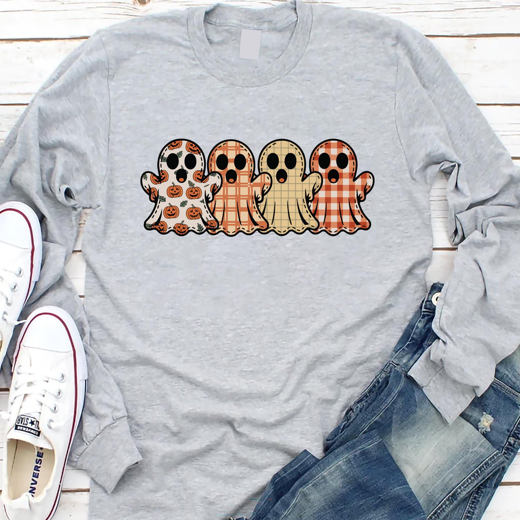 Preppy Floral Ghost Long Sleeve Shirt, Fall Ghost Tee