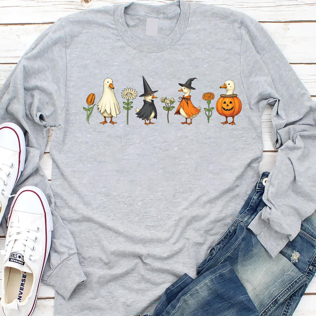 Halloween Goose Long Sleeve Shirt, Cute Fall Pumpkin Witch Goose Tee