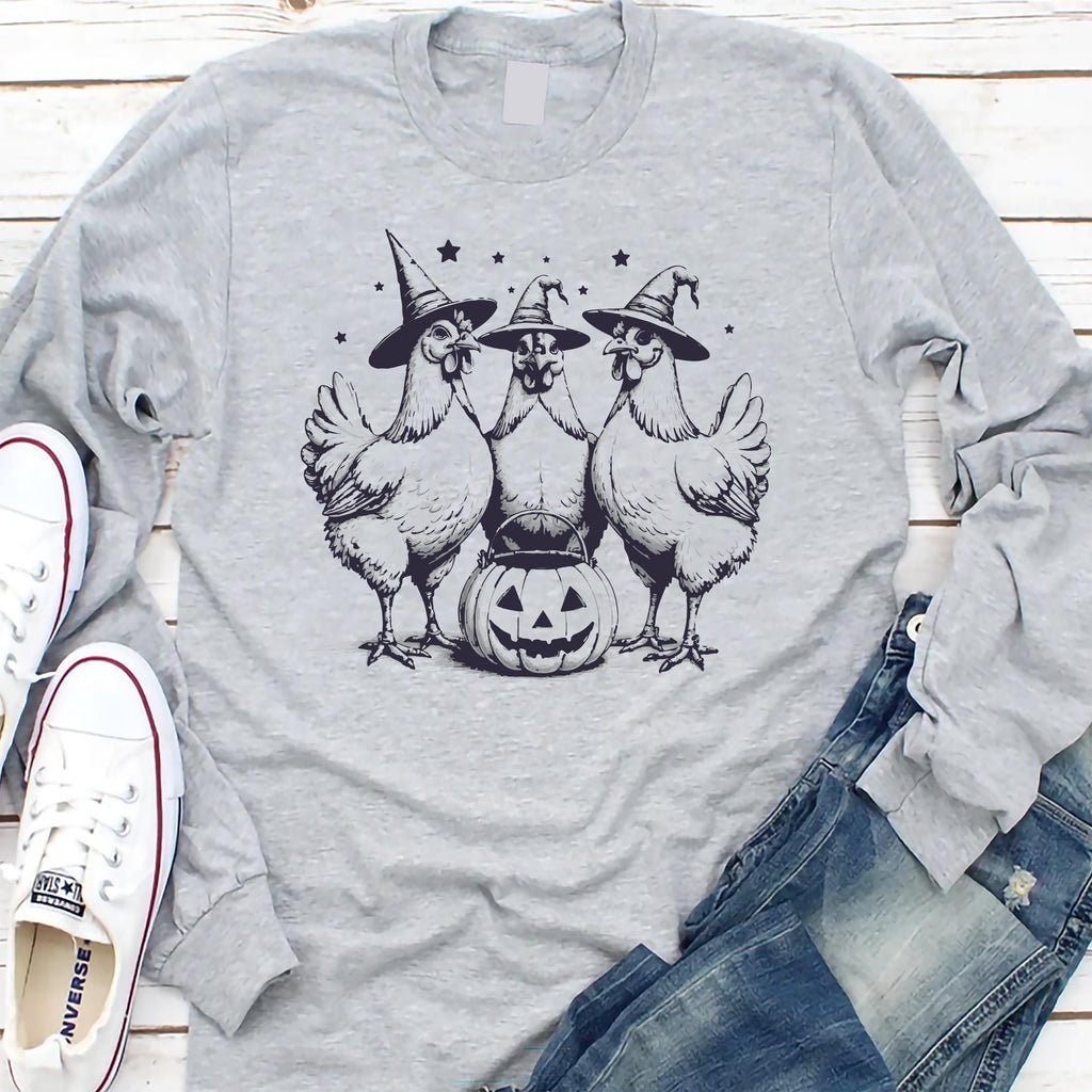 Chicken Witches Funny Halloween Long Sleeve Shirt, Vintage Chicken Witch Tee