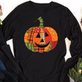 Patchwork Pumpkin Long Sleeve Shirt, Halloween Patchwork Tee, Cute Jack-o’-Lantern Top