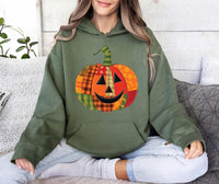 Patchwork Pumpkin Hoodie, Halloween Patchwork Tee, Cute Jack-o’-Lantern Top