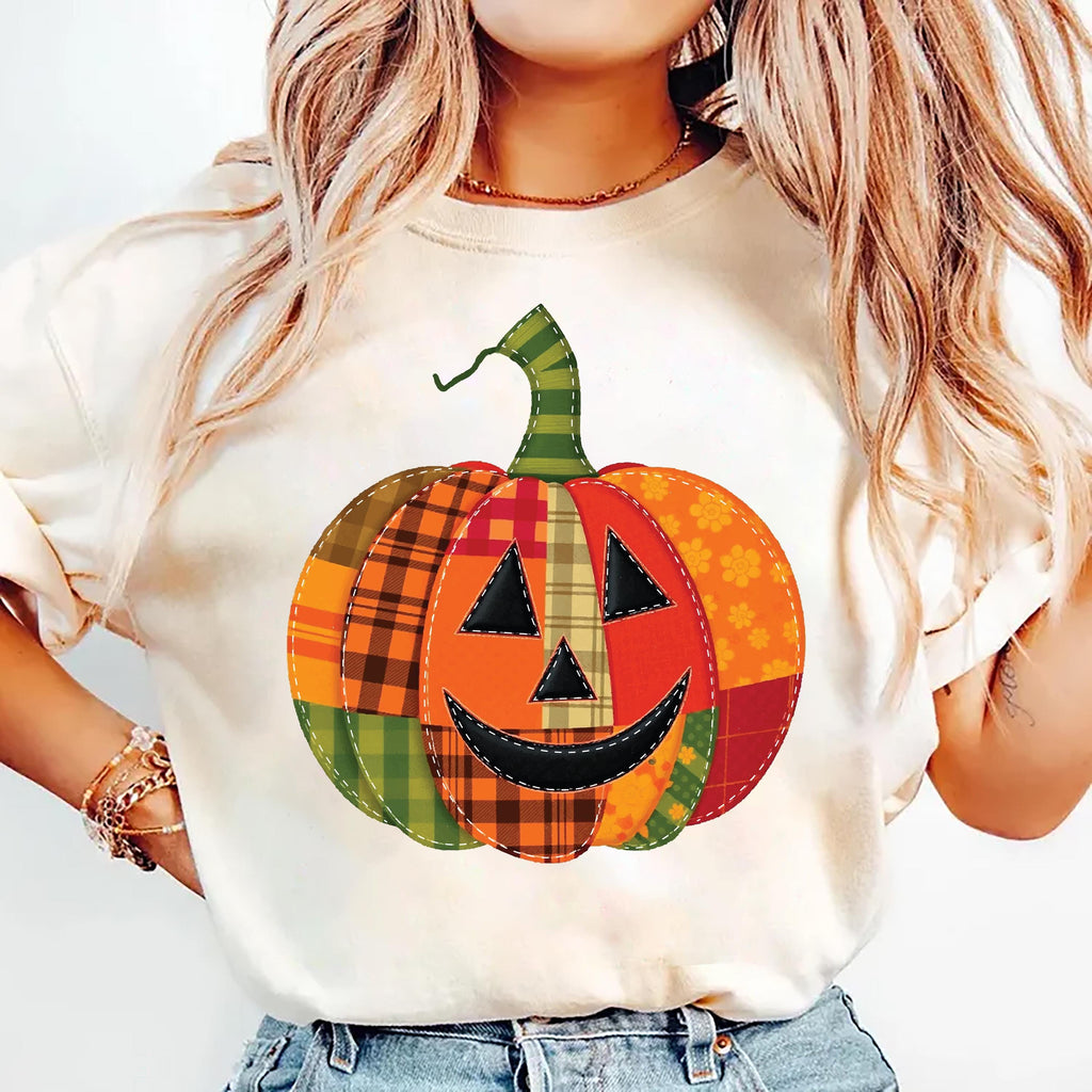 Patchwork Pumpkin Shirt, Halloween Patchwork Tee, Cute Jack-o’-Lantern Top