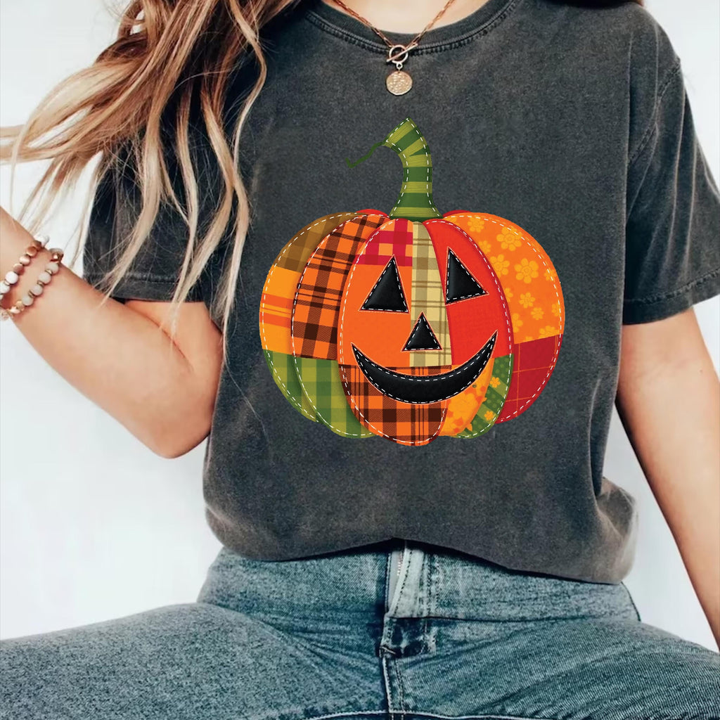 Patchwork Pumpkin Shirt, Halloween Patchwork Tee, Cute Jack-o’-Lantern Top