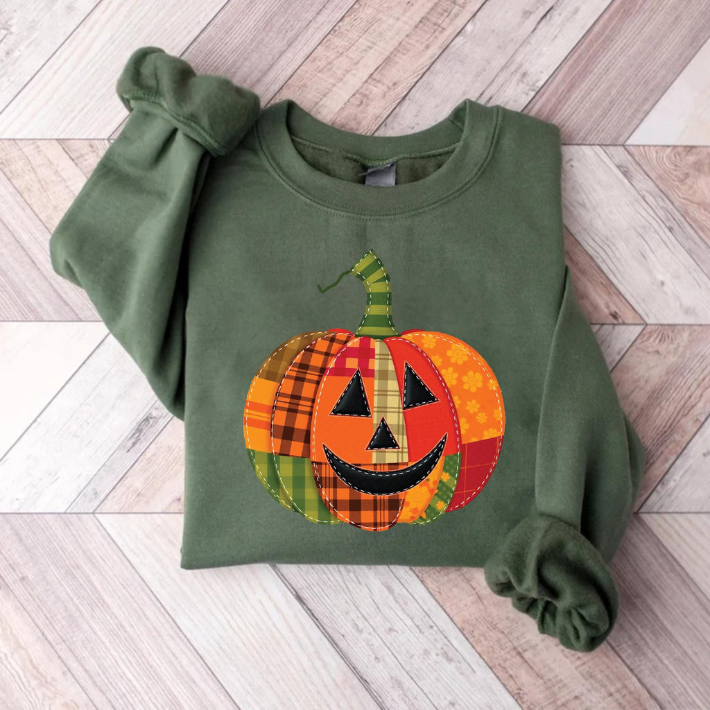 Patchwork Pumpkin Sweatshirt, Halloween Patchwork Tee, Cute Jack-o’-Lantern Top