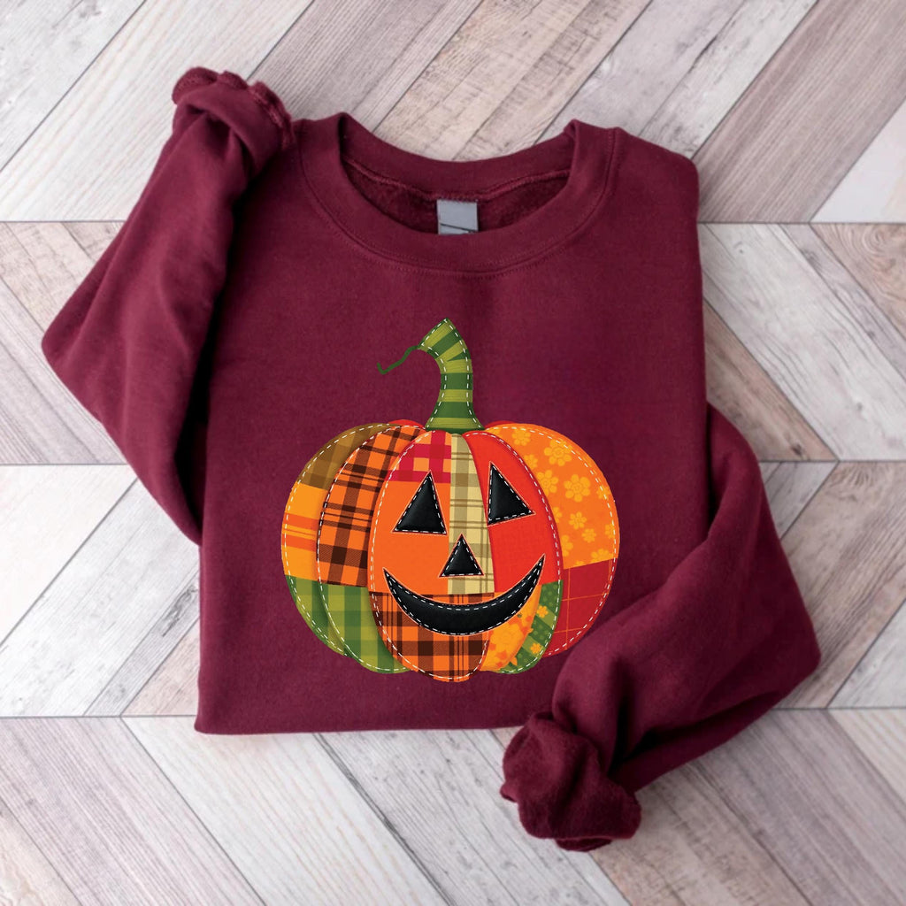 Patchwork Pumpkin Sweatshirt, Halloween Patchwork Tee, Cute Jack-o’-Lantern Top