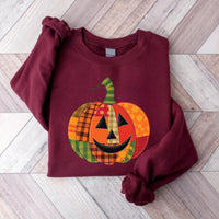Patchwork Pumpkin Sweatshirt, Halloween Patchwork Tee, Cute Jack-o’-Lantern Top