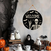 Halloween Skull Welcome Door Sign 12", Skeleton Front Porch Sign, Spooky Indoor Outdoor Decor, Farmhouse Halloween Wall or Window Sign