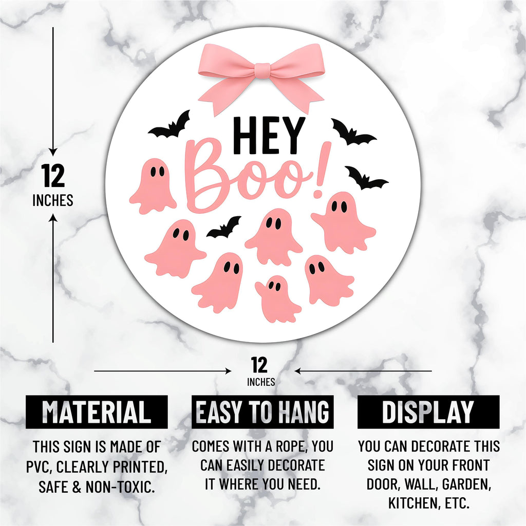 Pink Ghost Halloween Door Sign 12", Boo Hanging Porch Sign with Bows, Cute Farmhouse Wall Decor, Halloween Front Door Girl Aesthetic