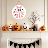 Pink Ghost Halloween Door Sign 12", Boo Hanging Porch Sign with Bows, Cute Farmhouse Wall Decor, Halloween Front Door Girl Aesthetic