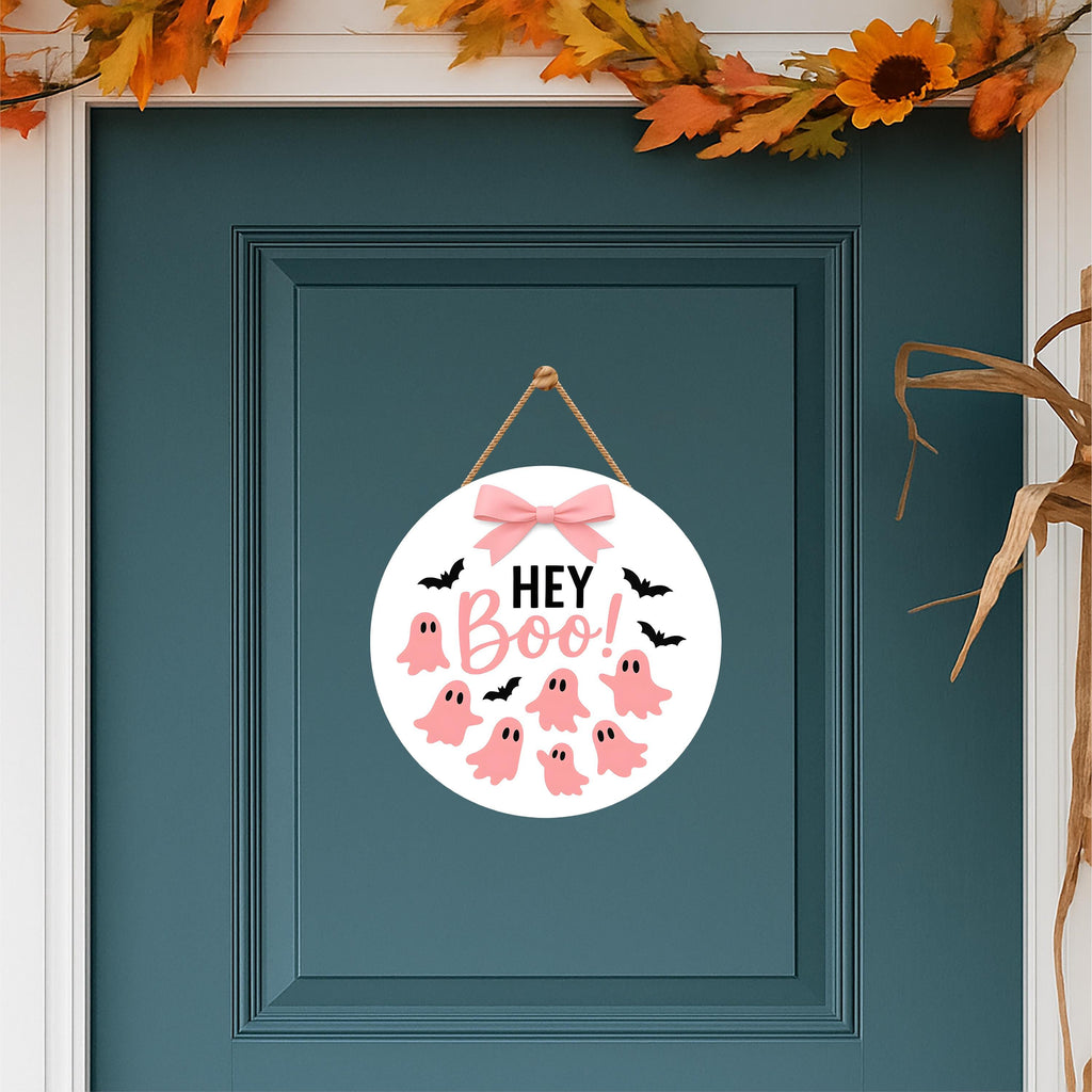 Pink Ghost Halloween Door Sign 12", Boo Hanging Porch Sign with Bows, Cute Farmhouse Wall Decor, Halloween Front Door Girl Aesthetic
