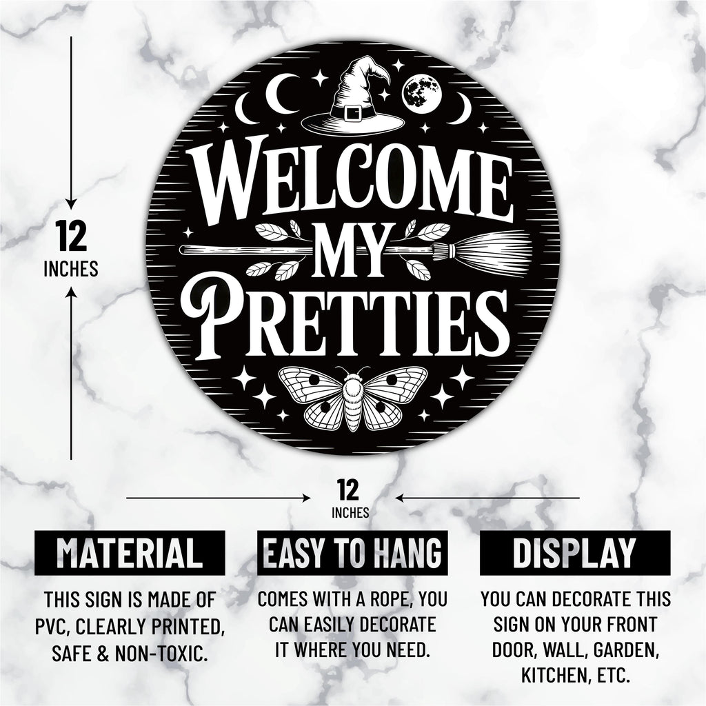 Witch Welcome Front Door Sign 12", Welcome My Pretties Hanging Porch Decor, Gothic Witchy Halloween Sign for Home Entryway Wall