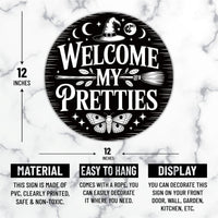 Witch Welcome Front Door Sign 12", Welcome My Pretties Hanging Porch Decor, Gothic Witchy Halloween Sign for Home Entryway Wall