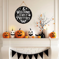 Witch Welcome Front Door Sign 12", Welcome My Pretties Hanging Porch Decor, Gothic Witchy Halloween Sign for Home Entryway Wall