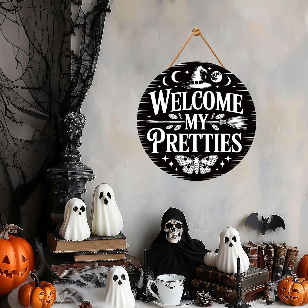 Witch Welcome Front Door Sign 12", Welcome My Pretties Hanging Porch Decor, Gothic Witchy Halloween Sign for Home Entryway Wall