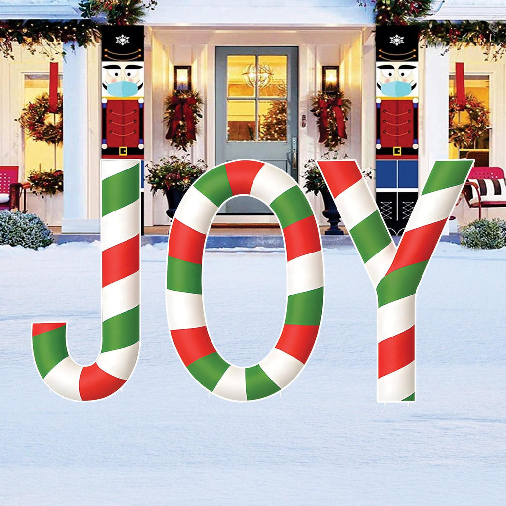 Christmas JOY Yard Sign, Candy Cane Striped Lawn Decoration with Stakes, Waterproof Outdoor Holiday Garden Patio Porch Walkway Xmas Décor