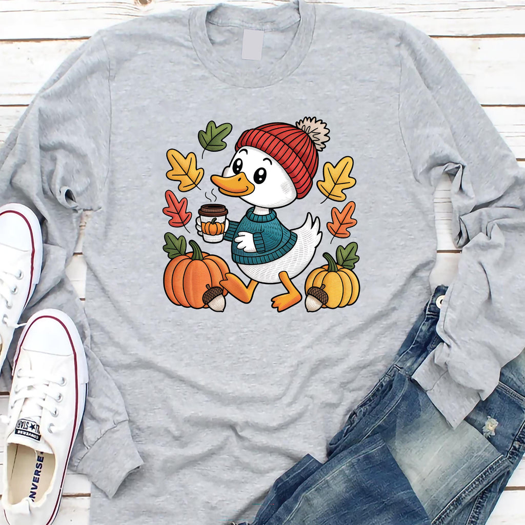 Trendy Cute Fall Duck Long Sleeve Shirt, Cozy Autumn Coffee Shirt, Pumpkin Patch Duck Tee