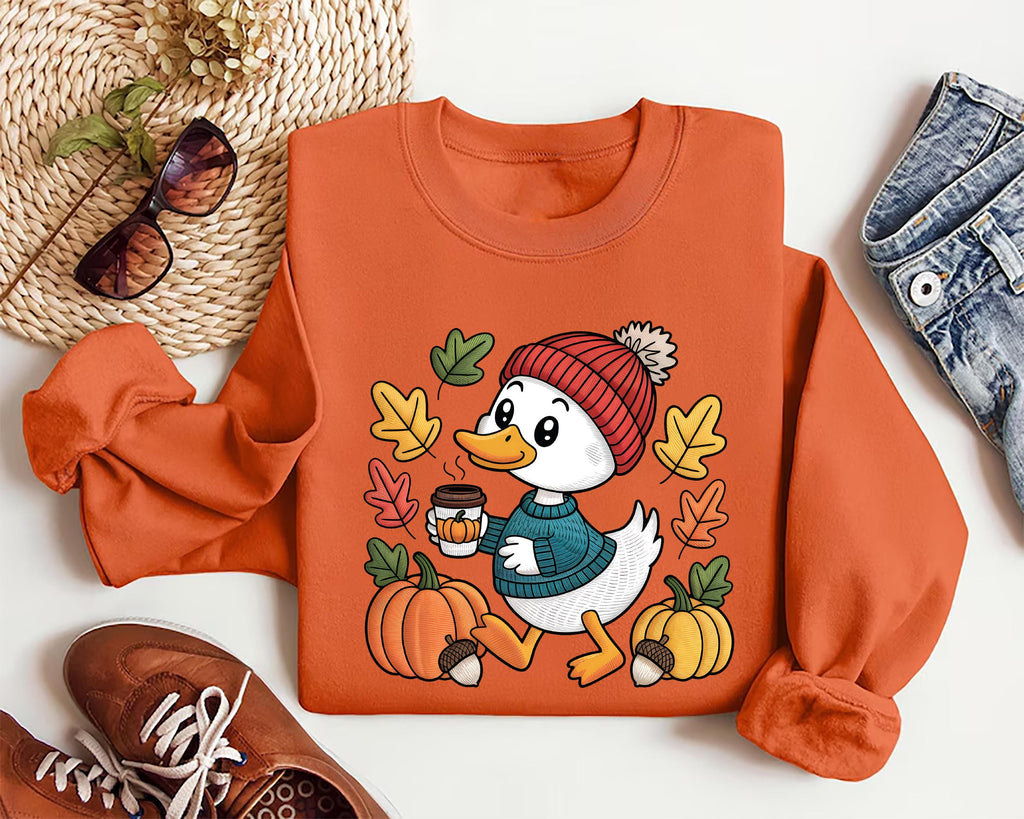 Trendy Cute Fall Duck Sweatshirt, Cozy Autumn Coffee Shirt, Pumpkin Patch Duck Sweatshirt