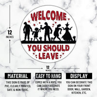 Horror Welcome You Should Leave Sign 12", Halloween Scary Front Door Hanger, Farmhouse Porch Wall Decor with Creepy Characters