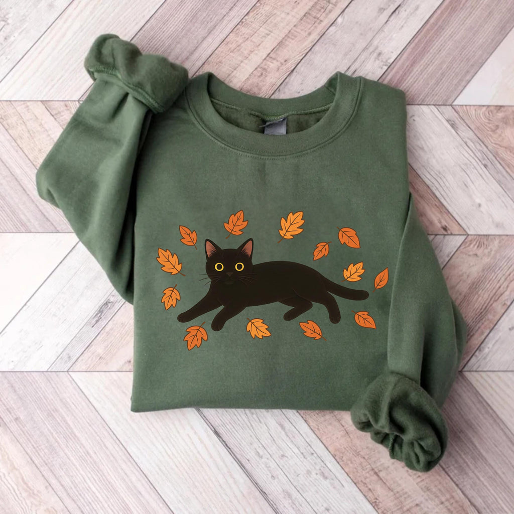 Black Cat Sweatshirt, Cozy Halloween Shirt, Black Cat Fall Sweatshirt