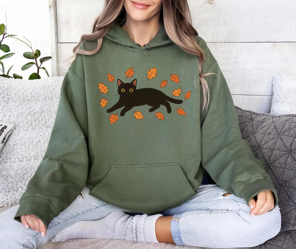 Black Cat Hoodie, Cozy Halloween Shirt, Black Cat Fall Hoodie