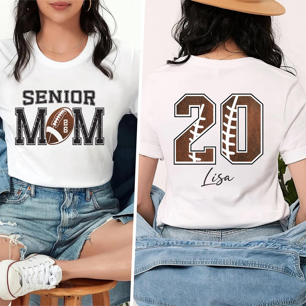 Custom Senior Football Mom Shirt, Personalized Team Spirit Tee With Kids Name and Number, Two Sided