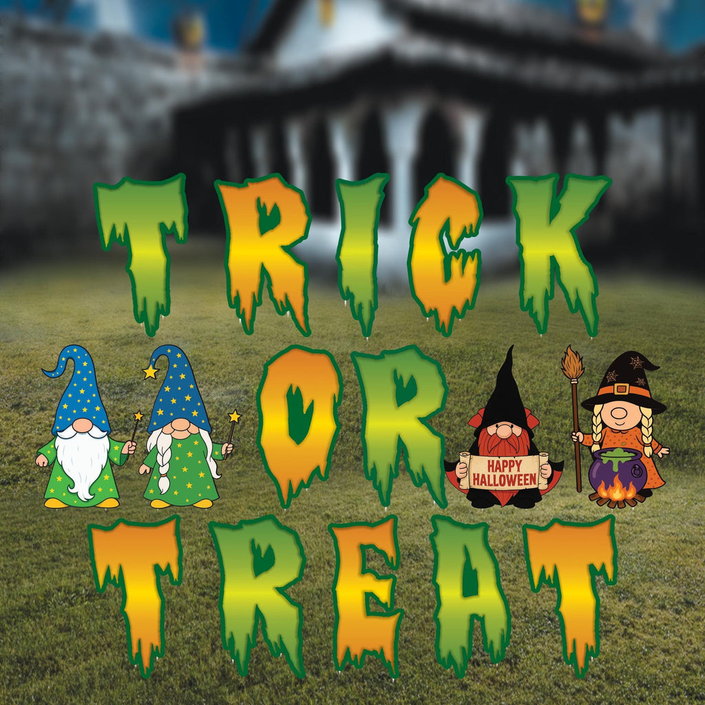 Trick or Treat Gnome Halloween Yard Sign Cutouts, Spooky Lawn Letters with Gnomes, Outdoor Garden Halloween Party Decorations with Stakes