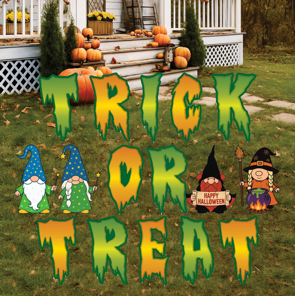 Trick or Treat Gnome Halloween Yard Sign Cutouts, Spooky Lawn Letters with Gnomes, Outdoor Garden Halloween Party Decorations with Stakes