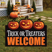 Trick or Treaters Welcome Halloween Yard Sign, Pumpkin Scary Outdoor Lawn Decoration with Stakes, Happy Halloween Garden Sign Cutout